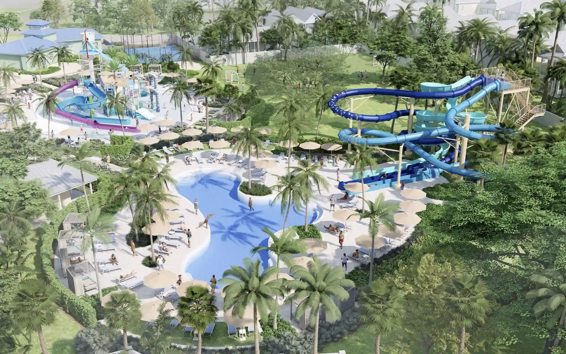 Aerial rendering of Coral Cay waterpark featuring blue water slides, tropical pools, and palm trees.