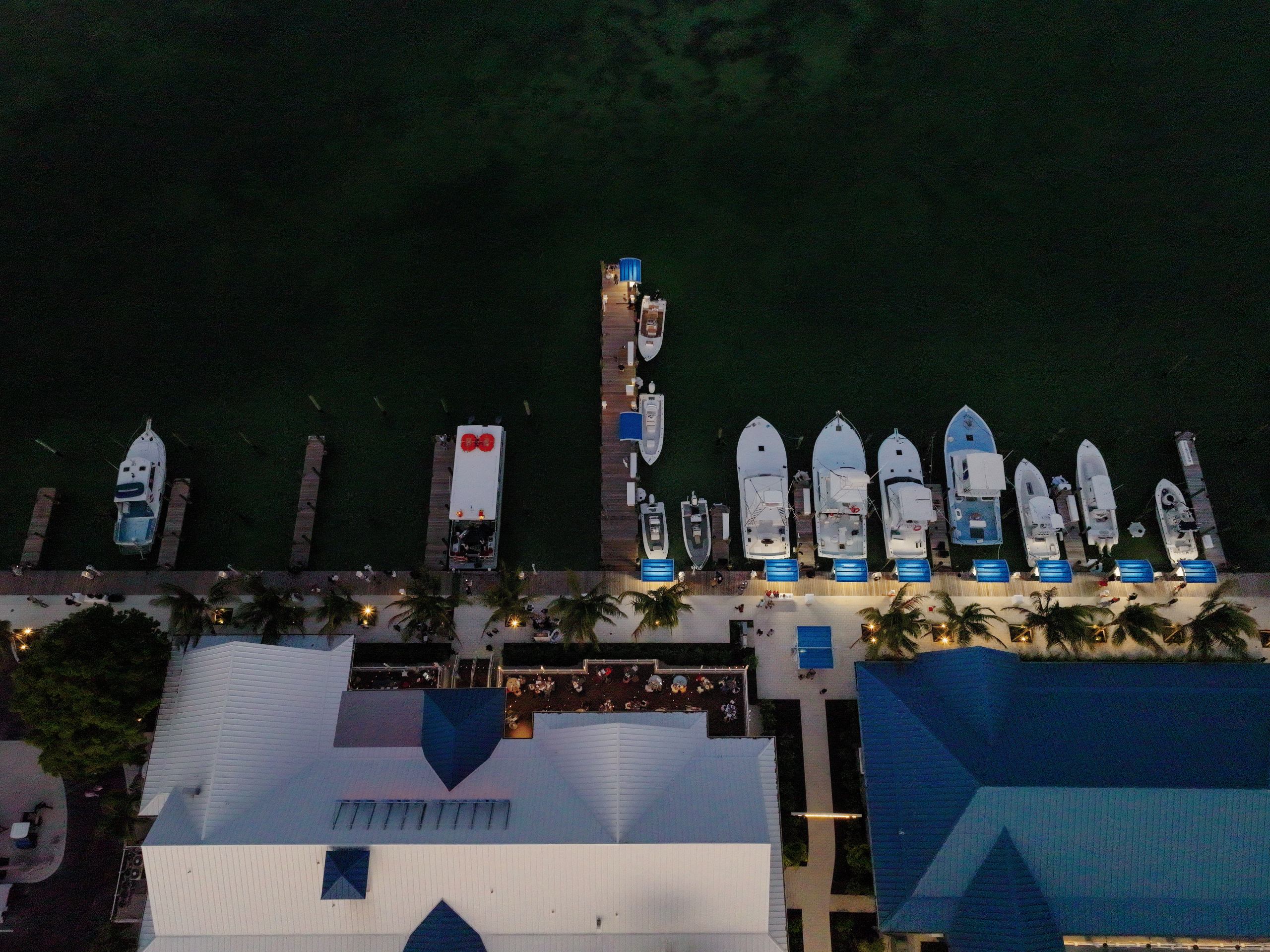 Aerial view of boats docked at a marina beside waterfront buildings and palm-lined walkways at dusk.