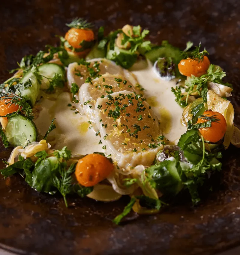 Plated gourmet fish fillet with fresh herbs, vegetables, and creamy sauce arranged artfully on a dark ceramic plate.