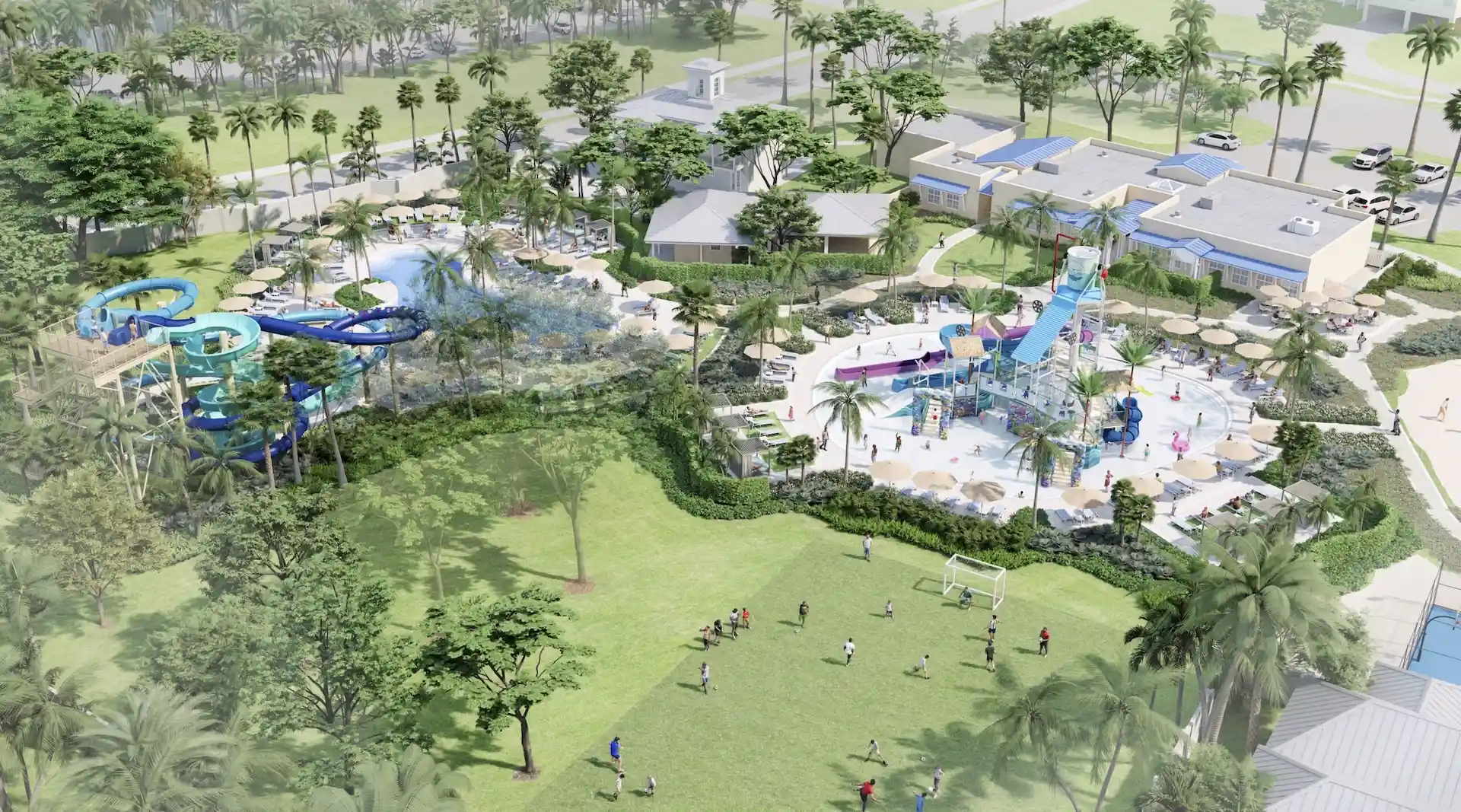 Aerial rendering of Coral Cay waterpark featuring a splash pad, blue water slides, and a green soccer field.