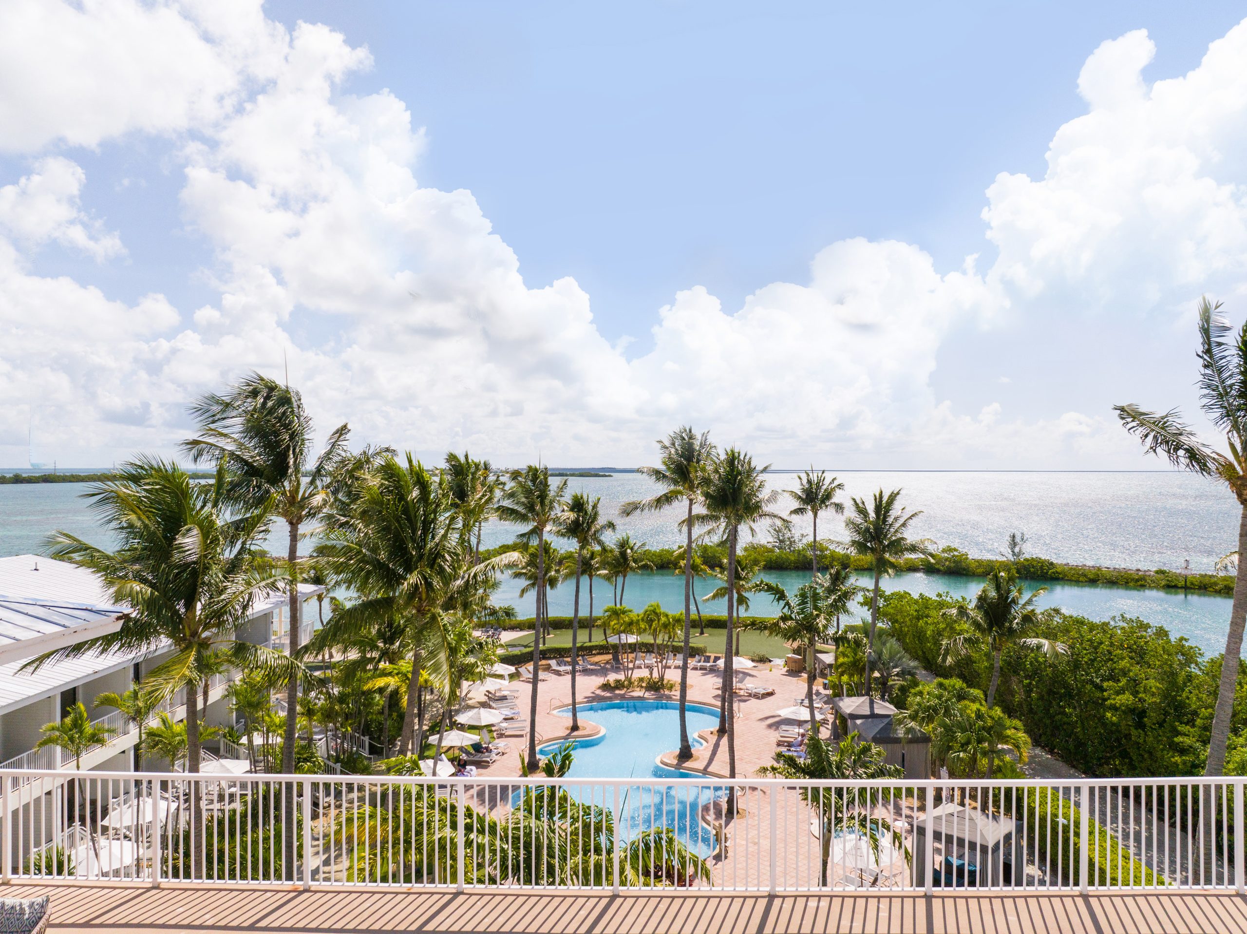 penthouse view overlooking pool and palm trees