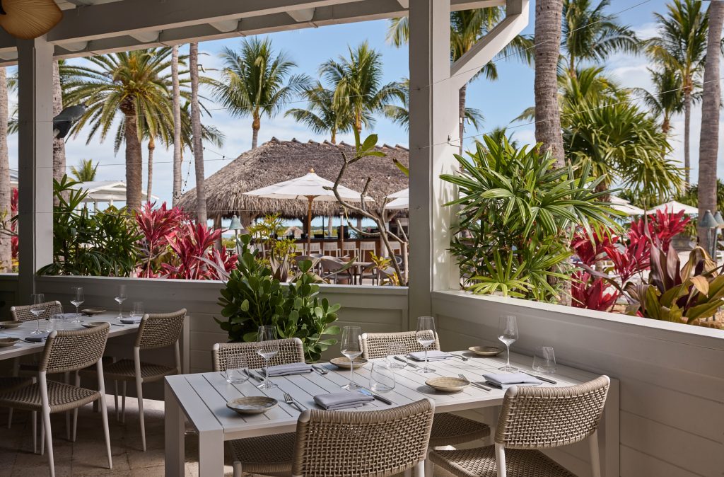 outdoor dining at salt + ash with a set table overlooking palm trees