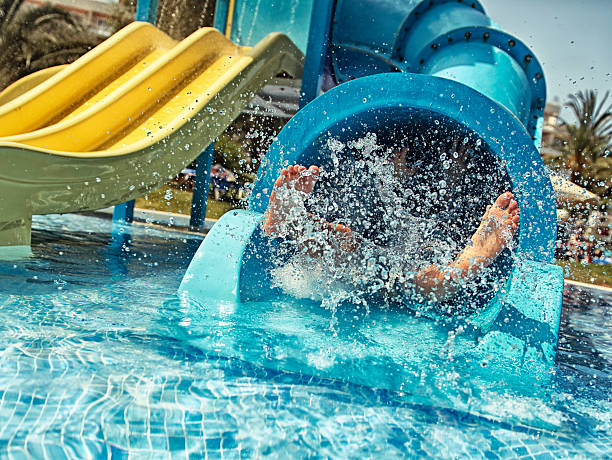 Little girl in water park. Actually little feet in waterpark.